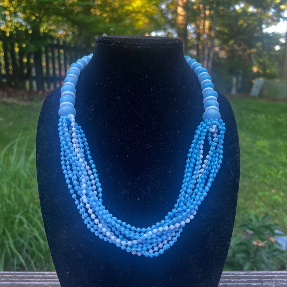 Vtg 1960s Blue White Celluloid Torsade Necklace Multi Strand Statement Necklace